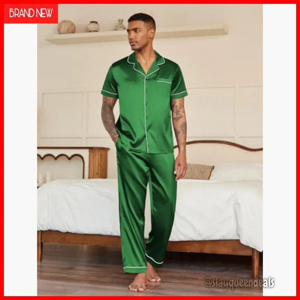Men's Satin Pajama Set Short Sleeve Button Down Sleepwear Lounge Set Large
